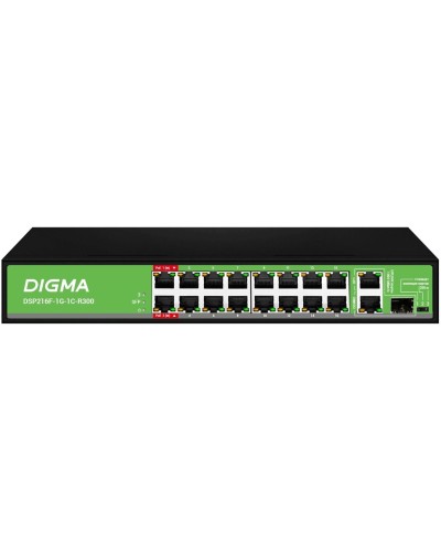 DSP216F-1G-1C-R300 (L2) 16х100Мбит/с 1х1Гбит/с 1хКомбо(1000BASE-T/SFP) 16PoE 16PoE+ 2PoE++ 300W. Коммутатор с питанием по PoE. Digma в Ижевске