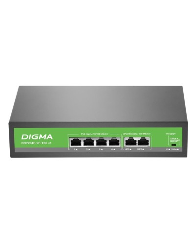DSP204F-2F-T80 DSP204F-2F-T80 V1 (L2) 6х100Мбит/с 4PoE 4PoE+ 80W. Коммутатор с питанием по PoE. Digma в Ижевске