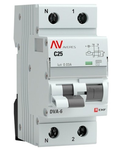 DVA-6 1P+N 25А (C) 30мА (AC) 6кА  AVERES (rcbo6-1pn-25C-30-ac-av). Автоматический выключатель дифференциального тока. EKF в Ижевске