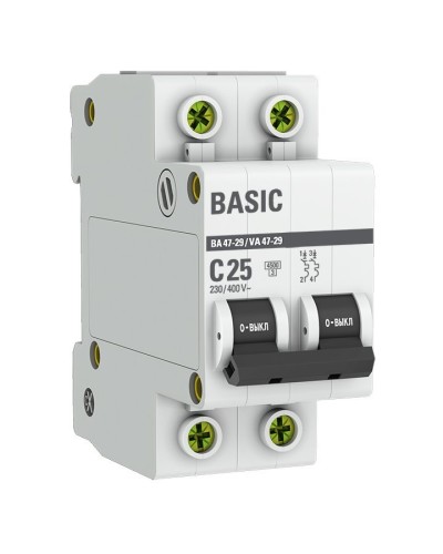 Автоматический выключатель 2P 25А (C) 4,5кА ВА 47-29 Basic (mcb4729-2-25C). Автоматический выключатель. EKF в Ижевске