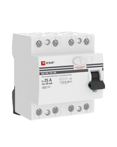 УЗО ВД-100 4P 25А 30мА тип AC эл-мех  PROxima (elcb-4-25-30-em-pro). Выключатель дифференциального тока (УЗО). EKF в Ижевске