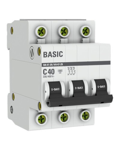 Автоматический выключатель 3P 40А (C) 4,5кА ВА 47-29 Basic (mcb4729-3-40C). Автоматический выключатель. EKF в Ижевске