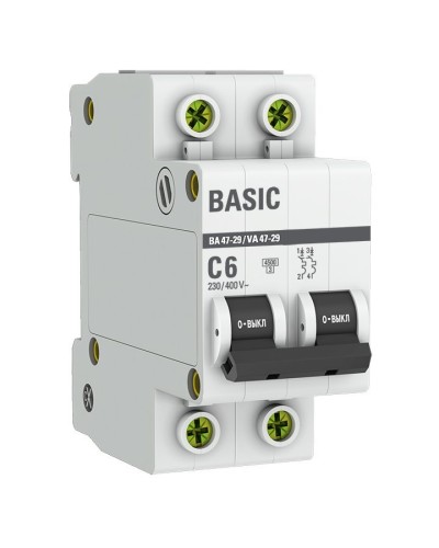 Автоматический выключатель 2P 6А (C) 4,5кА ВА 47-29 Basic (mcb4729-2-06C). Автоматический выключатель. EKF в Ижевске