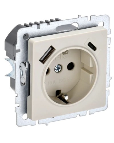 Розетка с з/к с USB A+C 18Вт РЮш11-1-БрКр бежевый BRITE (BR-R14-16-U22-018-K10). Розетка с заземлением с защитными шторками, 18Вт. IEK в Ижевске