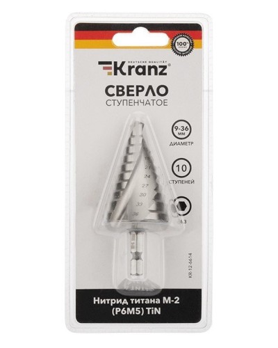 Сверло по металлу ступенчатое ТИТАН 9,0-36,0 мм 110 mm 65 HRC Р6М5 TiN Kranz (KR-12-6614): Сверло по металлу шлифованное в Ижевске