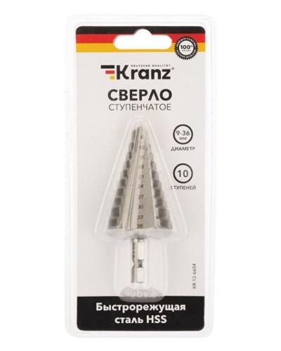Сверло по металлу ступенчатое 9,0-36,0 мм 110 mm 62 HRC Kranz (KR-12-6604): Сверло по металлу шлифованное в Ижевске